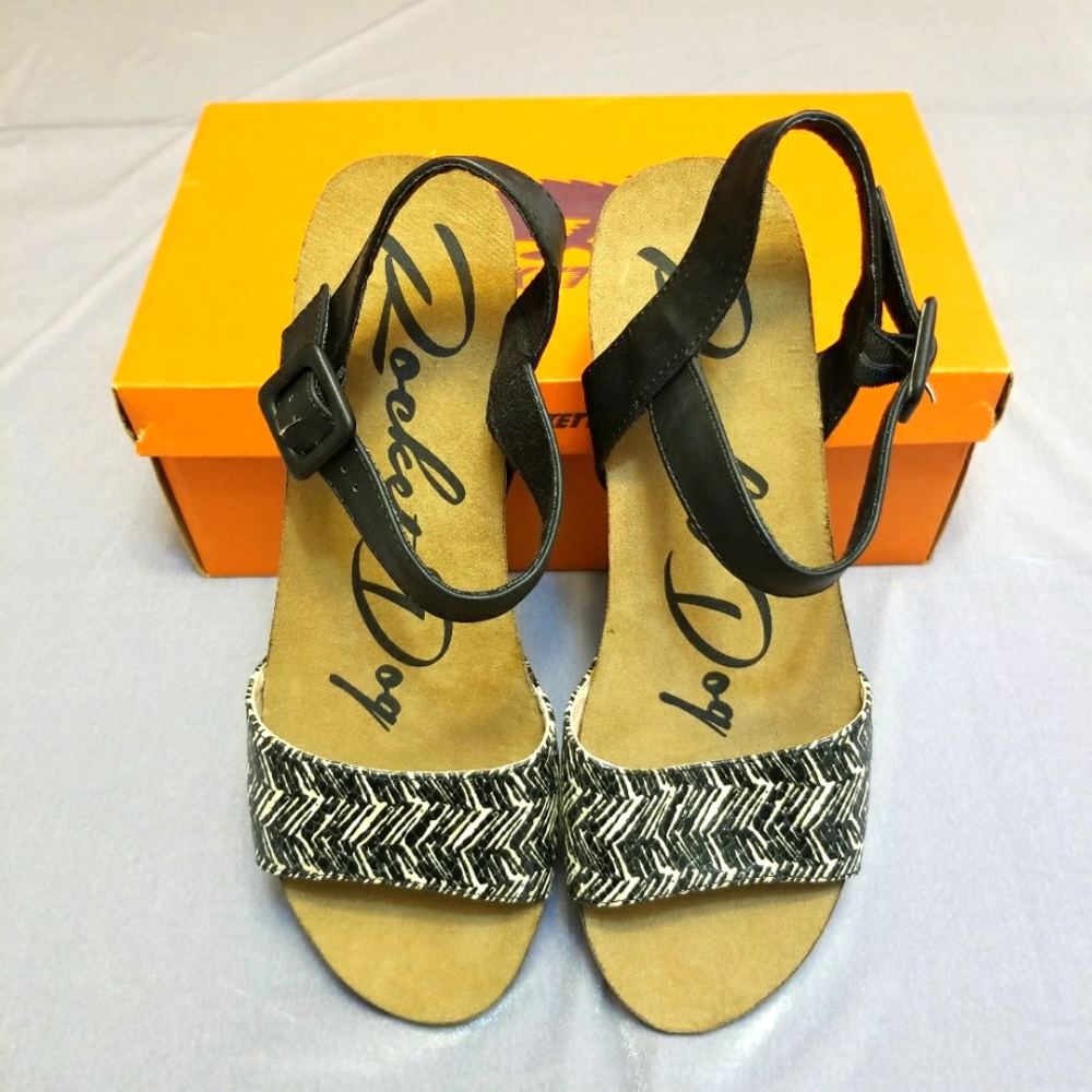 Black and Beige Woven Strap Slingback Sandals